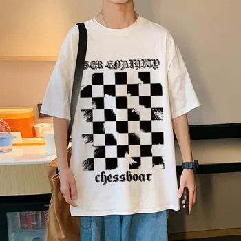 2023 Letní Nové Luxusní Módní Šachovnice Muži-Krátký rukáv T-shirt Volné Horní Boutique Oblečení Jednoduchý Styl