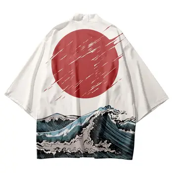 2023 Letní Plážové Vlny Print Kimono Streetwear Tradiční Svetr 3/4 Rukáv Košile Haori Módní Kimono Yukata Muži Ženy