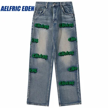 2023 Muži Hip Hop Denim Kalhoty Streetwear Chlupaté Dopis Džínové Kalhoty Pánské Harajuku Bavlna Casual Běžců Džíny Kalhoty Harém Kalhoty