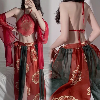 2023 Nové Antickém Stylu Čínské Hanfu Ženy Klasické Červené Hanfu Kostým Ženské Sexy Průhledné Spaní Sukně Mini Sling Šaty
