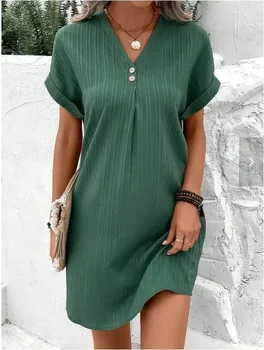 2024 Jarní Ženy Černé Šaty V-neck Krátký Rukáv Volné Šaty Ženy Letní Elegantní Nové Módní Ležérní Dámské Oblečení