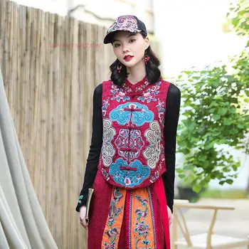 2024 květinové výšivky qipao ženy vintage elegantní vesta dámský kabát volné pasu čínské tang oblek bez rukávů bunda vesta