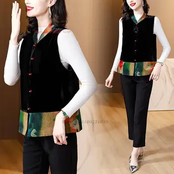 2024 národní satén květinové tisk patchwork velvet tang oblek vesta bez rukávů gilet tradiční etnické vintage ležérní vesta