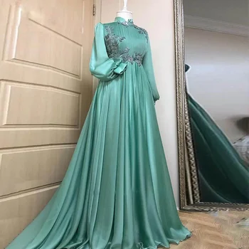 2024 Zelené Marocké Večerní Šaty Nadýchané Rukáv Korálek-Line Muslimské Prom Party Šaty Složence Kaftan Formální šaty Vestido De Noche