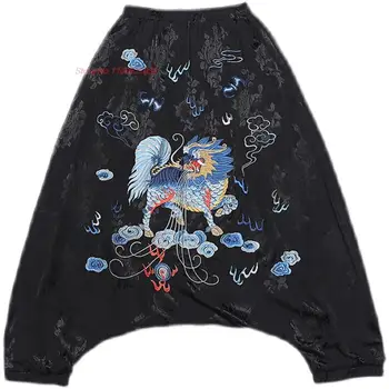 2024 čínské vintage satén žakárové bloomers kalhoty žen národní vyšívání jednorožec harajuku harem kalhoty ležérní volné kalhoty