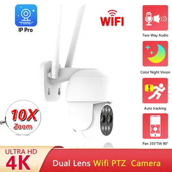 4K 8MP Dual Lens PTZ Wi-fi IP Kamera 10X Zoom Venkovní Full HD Barevné Noční Vidění Lidské Automatické Připínání Kamer