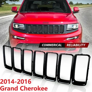 7PC Lesklý Černý Gril Kroužek Přední Mřížka Vložky Kryt Trim Kit pro Jeep Grand Cherokee 2014-2016