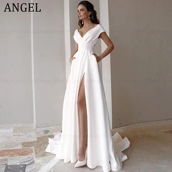 ANGEL Moderní V-Neck Krátký Rukáv A-Line Svatební Šaty Pro Nevěstu Vysokou Štěrbinou Přehozený Pás Svatební Šaty s hlubokým Výstřihem Vestido De Novia
