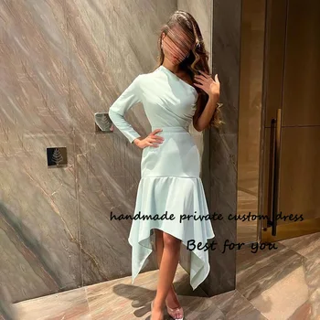 Aqua Mořská Panna Večerní Šaty Na Jedno Rameno Záhyby Satin Těsné Party Prom Šaty Čaj Délka Dubaj Arabské Formální Šaty