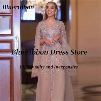 Blueribbon Svatební Hostinu Ženy Nosí V Krku Prom Šaty Korálky Luxusní Večerní Šaty Dlouhé Rukávy Tylu Saúdská Arábie Šaty