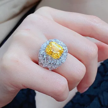 Brilantní Dámské Žluté AAA Zirkon Crystal Princess Kroužky S925 Stříbrný Módní Nádherné Svatební Narozeniny Nastavitelné Šperky Dárky