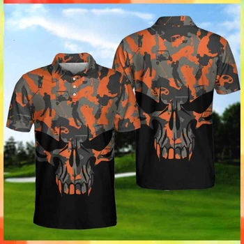 Camisas Hombre de oranžová kamufláž, Lebky, 3D Golf Polo Tričko Premium Polo Nejlepší Dárky