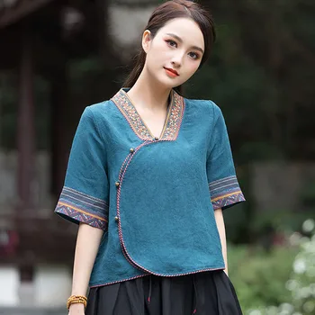 Cheongsam Dámské Plus Velikost Krátké Topy 2024 Podzim Směs Bavlny Vyšívání, Splétání Slim Retro Čínský Tang Kostým Košile Ženy