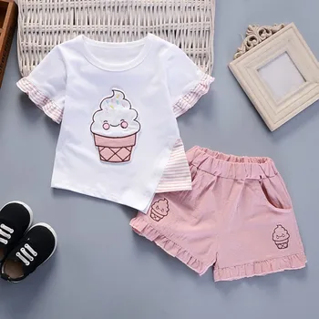 Dívka Šaty Letní Krátký Rukáv Cartoon Ice Cream Print T-shirt Kalhoty 2KS Baby Set Děti Oblečení Módní Dítě Tepláková souprava 1-5T