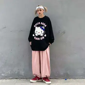 Hello Kitty Embroid T-Shirt Harajuku Černá Mikina Ženy Korean Módní Streetwear Svetr Estetické Módní Oversize