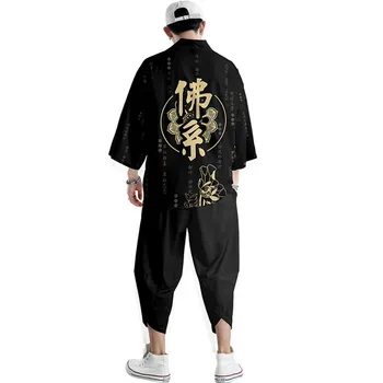 Japonské Kimono Bunda Kanji Buddha Jeřáb Tištěné Harajuku 2023 Hip Hop Muži Japonsko Streetwear Bundy Letní Tenké Volné Kimono