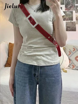 Jielur Letní jednobarevné Dámské trička Americký Styl Vintage Basic Slim Krátký Rukáv Bílé Jednoduché Ženské tričko Office Lady