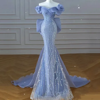 Korálky Modrá Mořská Panna Večerní Šaty Z Ramene Luk Koncové Ples Večerní Šaty Vestidos De Noche Nové