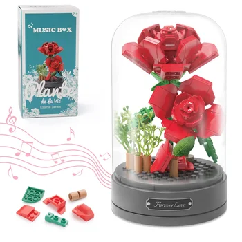 Kreativní Nesmrtelná Květina Music Box Růže Kytice,Město MOC Aranžování Květin Shromáždění Hračky Pro Přítelkyni Dárky Stavební Blok