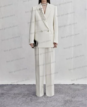 Krystaly Svatební Bílé Ženy Oblek Kancelář Sako+Kalhoty 2 Ks Formální Šaty Na Ples Obchodní Lady Double Breasted Zakázku