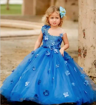 Královská Modrá Květina Dívka Šaty 3D Nášivka Tyl bez Rukávů Délka Podlahy Princezna Děti Birthday Party První Přijímání Šaty na Ples