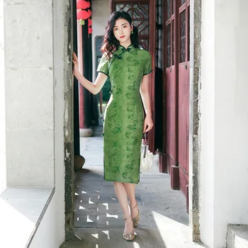 Lady Letní Klasické Éterická Lesní Zelená Cheongsam Letní Self-kultivace Lepší Qipao Čínské Národní Styl Dlouhé Sukně