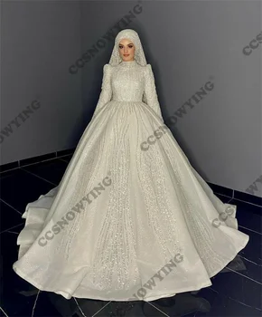 Luxusní Třpytivé Korálky Dlouhý Rukáv Muslimské Svatební Šaty pro Nevěstu Islámský Hidžáb Svatební Šaty Vysoká Krk arabské Dubaji Robe De Mariée
