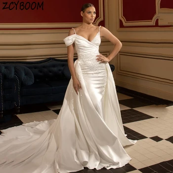 Luxusní V-Neck Perly Špagety Popruh Bílé Svatební Šaty 2024 Mořská Panna Délka Podlahy Odnímatelné Zamést Vlak Pro Ženy Svatební Šaty