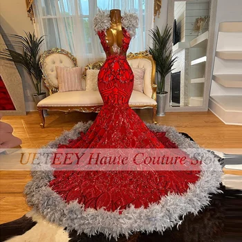 Luxusní Červená Pannu Prom Šaty S Flitry A Peří Dlouhé Večerní Šaty Vestidos De Gala, Maturitní Večírek Gonws Zakázku