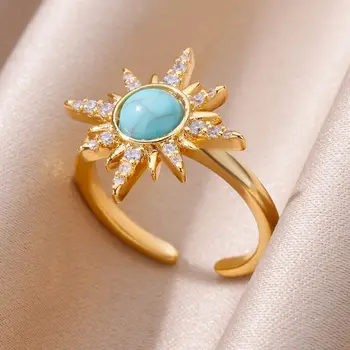 Modré Zirkony Slunce z Nerezové Oceli Prsteny Pro Ženy Nastavitelný Pozlacené Estetické Prsten Svatební Party Šperky Dárek BFF anillos