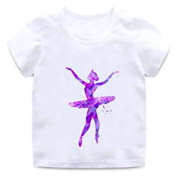 Nejnovější elegantní dívčí balet tanec představovat tisku dětské T-shirt Harajuku balet letní srst kolem krku T-shirt