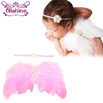 Nishine Novorozence Peří Andělská Křídla S Perlou Dekorace Pearl Květina Hairband Focení Děti Vlasy Příslušenství