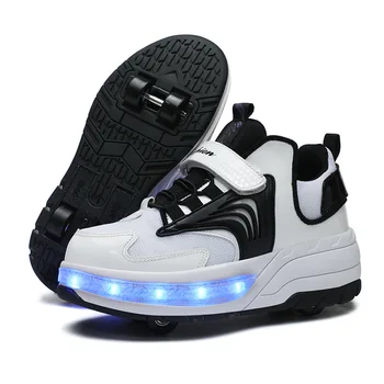 Nová Černá USB Nabíjení Módní Dívky Chlapci LED Světlo Roller Skate Boty Pro Děti Děti Tenisky S Kolečky Čtyři kola