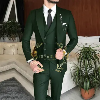Nové Příjezdu Muž Obleky Slim Fit 3 Kusy Peak Klopě Tmavě Zelené Klasické Pánské Svatební Obleky Ženich (Sako+Vesta+Kalhoty) Kostým Homme