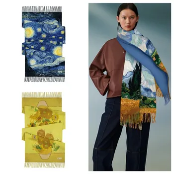 Podzimní a zimní Van Gogh olejomalba literární retro střapec imitace kašmírový šátek Zimní teplé krk dlouhý s šálovým