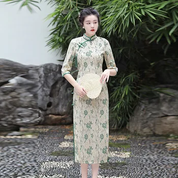Sexy Slim Krajky Vintage Tisk Cheongsam Čínské Tradiční Šaty Ženy Střední Délka Vestidos Elegantní Nevěsta Svatební Qipao