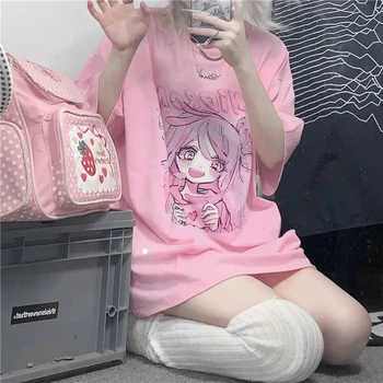 Sladká Dívka Roztomilý Kreslený Japonský Student Ulice Harajuku Růžové Zábavné Roztomilé Ležérní Top Tisk Retro Volné Letní Ženské T-Shirt
