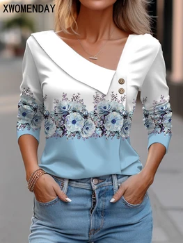 Tričko Pro Ženy Módní Dlouhý Rukáv Top Bílé Květinové Tisk Košile A Halenky 3D Print Šaty Pro Dámské 2023