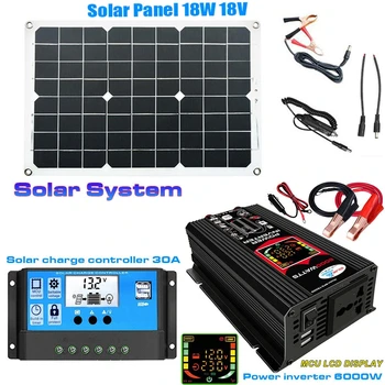 Vrchol 6000W Střídač Solární Panel Systém Kit Auto Power 18W 18V Solární Panel Nabíječka Regulátor 12V Na 220V Venkovní Kempování