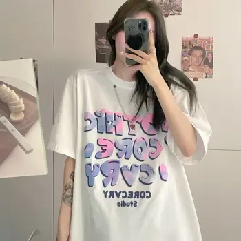 Y2k Široké Dámské Krátký Rukáv Oblečení Street Styl Plná Barva Náhrdelník Dopis Vytisknout Hip-hop Harajuku Neformální Top Ženské T-shirt