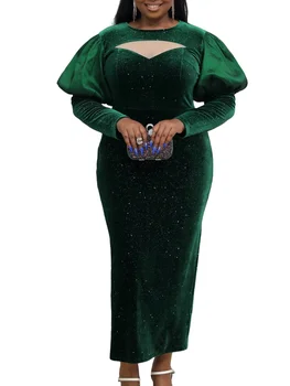 Zelené Dlouhé Africké Šaty Pro Ženy Velké Velikosti Šaty Podzim Puff Rukáv Duté Sexy Šaty Party Plášť Femme Elegantní Et Élégante Abaya