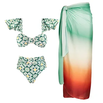 Zelený Tisk Prohrábnout Vysokým Pasem, Střih Sexy Bikiny Gradient Elegantní Zakrýt Plážové oblečení Ženy s hlubokým Výstřihem Módní Plavky 2022