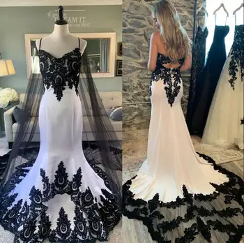 Černé A Bílé Svatební Šaty Špagety Krajka Pošity Dlouhá Mořská Panna Svatební Šaty Sexy Otevřené Zpět Nevěsty Druhé Šaty