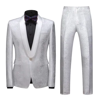 Čistě Bílé 3D Vzorem Jacquard Pánské Obleky Šaty Hostitel Mistr Obřadů, Svatební Mládenci Dva Kus Set (Bunda+Kalhoty)