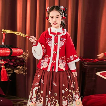 Čínský Nový Rok Oblečení Dívky Červené 3 Kusy Oblek Set Top Sukně A Kabát Sada Pro Zimní Tradiční Orientální Kostým Hanfu Děti