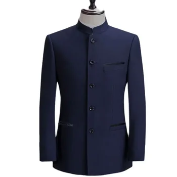 Čínský Styl Mandarin Límcem Business Casual Svatební Slim Fit Blazer Muži Ležérní Oblek Bunda Mužský Kabát