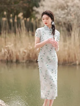 Čínský Styl Tradiční Krátký Rukáv High Split Cheongsam Mandarin Letní Límec Qipao Vestidos